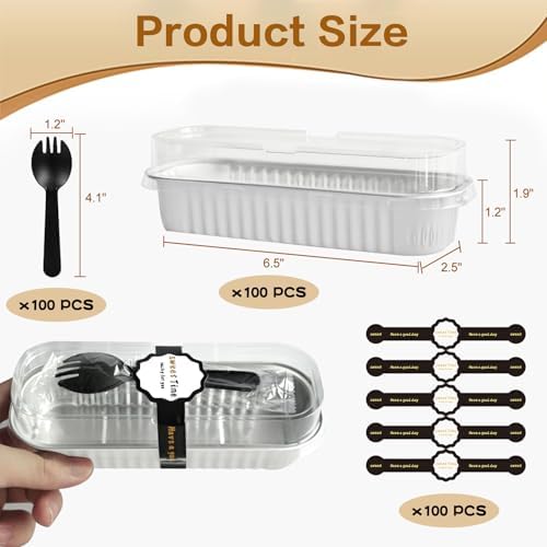 Mini Loaf Pans With Lids And Spoons 100 Pack,6.8 Oz Rectangle Mini Individual Cake Tins, Disposable Small Aluminum Foil Baking Pans, Baking Containers for Party and Picnics (White)