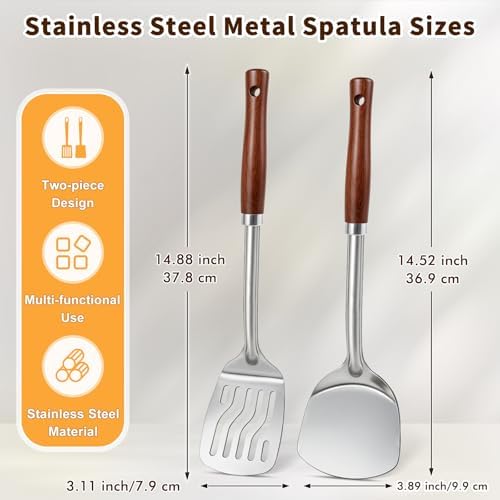 2 Pcs Stainless Steel Spatulas Set, Metal Spatula Solid & Slotted Turner, Heavy Duty Sturdy Spatula for Kitchen Use, High Heat Resistant Cooking Utensils for Fish Eggs Pancakes, Easy to Clean, Silver