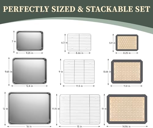 Stainless Steel Baking Sheet Tray Cooling Rack with Silicone Baking Mat Set, 9/12/16 Inch Cookie Sheet Baking Pan with Wire Rack Set, Set of 9 (3 Sheets + 3 Racks + 3 Mats), Heavy Duty & Rust Proof
