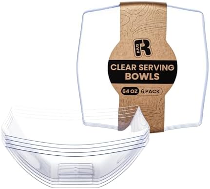 R-kay 6 Pack Extra Large Serving Bowl - 64 Ounce Plastic Serving Bowls For Entertaining - Clear Plastic Bowls For Salads And Snacks - Disposable bowls For All Occasions