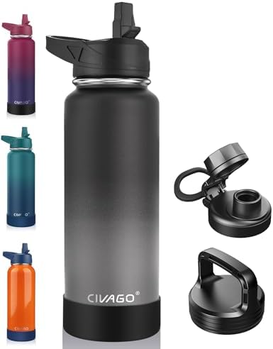 CIVAGO 40 oz Insulated Stainless Steel Water Bottle With Straw and 3 Lids