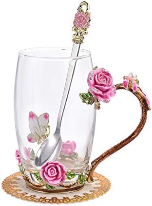 SUQ I OME Enamel Rose and Butterfly Flower Glass Tea Cup Glass Birthday Gifts For Women Mother Teacher Classmate Sister Wife with Spoon Beautiful Rose Flower Butterfly Christmas Valentines Wedding Day