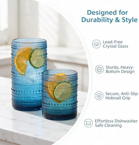 Hobnail Drinking Glasses Set of 8, Blue 12oz & 16oz Glass Cups