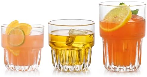 Libbey Everest Stackable Glassware Set, 12-Piece Mixed Drinkware with 9 oz Small Rocks, 12 oz Large Rocks, and 14 oz Tall Juice Glasses, Durable Lead-Free Restaurant-Quality Glass