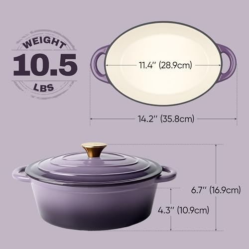 Vintage Style Oval Dutch Oven for Bread Baking, 4.5 Quart Non Stick Enameled Cast Iron Dutch Oven Pot with Lid, Oven Safe Oval Casserole with Lid up to 500°F for Baking, Braising, Stews, Roasting, Purple