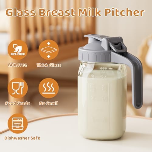 32 oz Breast Milk Pitcher, Glass Mason Jar Pitcher with Lid