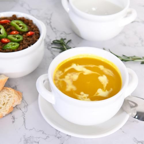 Vumdua Soup Bowls with Handles, 16 Oz Ceramic French Onion Soup Bowls - Stackable Oven Safe Bowls Serving Crocks for Soup, Cereal, Chilli, Pot Pies, Set of 4, White (White, 16 oz)