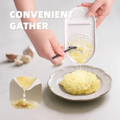 Luvan Garlic Grater Plate, 4 in 1 Ceramic Egg Cracker, Spoon Rest, Herb Stripper Bowl for Kitchen, Porcelain Garlic Ginger Grater with Brush & Silicone Pad for Grinding Wasabi, Ginger, Garlic, Cheese