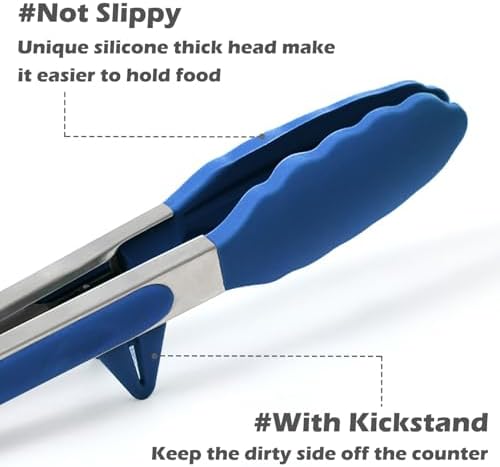9" Kitchen Tongs for cooking with Silicone Tips, 3Pcs Serving Tongs, Blue
