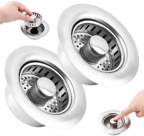 2 Pack Kitchen Sink Drain Strainer, 3 in 1 Stainless Steel Pop Up Sink Stopper with Anti-Clogging Basket, Filter Plug Fit US Standard 3-1/2 Inch Drain