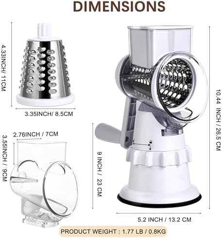 Rotary Cheese Grater Hand Crank, Vegetable Slicer with 3 Blades, Stable Suction, Labor-Saving Handle, Cheese Shredder for Potato Vegetables Nuts Chocolate, White