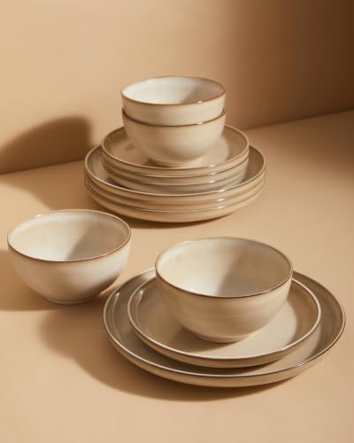 Pokini Stoneware Dinnerware Sets for 4, 12pcs Plates and Bowls Sets Dishes