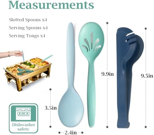 Reusable Plastic Serving Utensils Set of 12, Wheat straw Large Serving set 10" Serving Spoons/10" Slotted Spoons/9.4" Tongs, for Party Buffet Catering (Ocean, Not for Cooking)