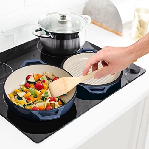 2-in-1 Enameled Cast Iron Braiser Pan with Grill Lid - 3.3-Quart Small Dutch Oven, Serves as Both Casserole & Stovetop Grill Pan, Cast Iron Cookware