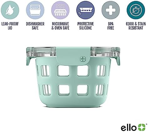 Ello DuraGlass Rounds Glass Food Storage Containers - Meal Prep Bowls with Silicone Sleeve and Airtight Lids, 2 Cup, Yucca