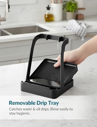 NiHome Big Pot Lid Holder and Spoon Rest with Removable Drip Tray – Black Iron Kitchen Counter Organizer for Cooking Utensils, Ladles, Spatulas, Cutting Boards & Cookware