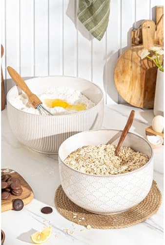 Mikiegy Ceramic Mixing Bowls Set of 2, Nesting Ceramic Embossment Stoneware Mixing Bowls for Cooking, Serving, Popcorn, Salad etc, Microwave & Dishwasher Safe, 98/145 oz, Off-White