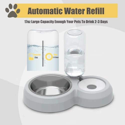 2 in 1 Dog Cat Food and Water Bowl Set with Auto-Water Dispenser, Gray