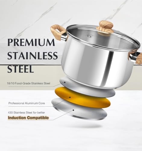 KOCH SYSTEME CS 8 Quart Pot with Lid, Stainless Steel Stock Pot for Soup Pasta Sauce and Stew, Induction Compatible Cooking Pot with Glass Lid, Tri-Ply Bottom, Dishwasher Safe