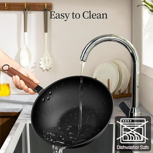 Todlabe 13 Inch Wok with Glass Lid & Silicone Spatula, Naturally Non‑Stick