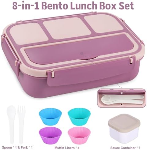 shell and turtle Bento Box Adult Lunch Box, Lunch Containers for Kids Girls Boys with 4 Compartments, Lunchable Food Container with Utensils, Sauce Jar, Muffin Liners, 40 Oz/5 Cup, Dark Purple