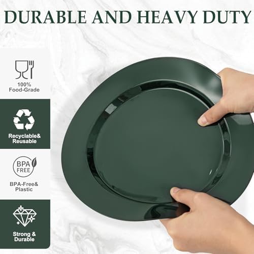 FLOWERCAT 200PCS Dark Green Plastic Plates Disposable Plates for Party - Heavy Duty Plastic Plates - 10" &7" Plate for 100 Guests New Year Parties and Events