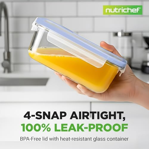 NutriChef 10-Piece Glass Food Containers - Stackable Superior Glass Meal-prep Storage Containers, Newly Innovated Leakproof Locking Lids w/Air Hole, Freezer-to-Oven-Safe (Blue)