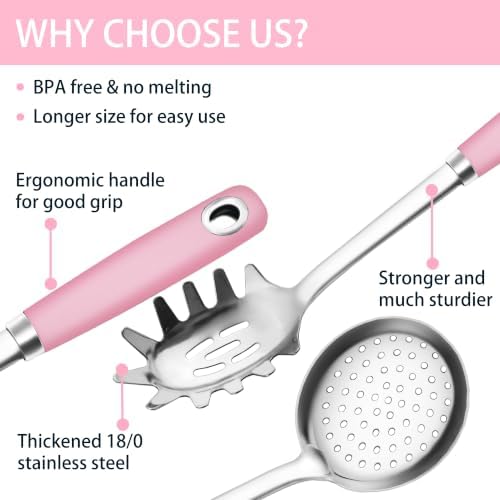 18/0 Stainless Steel Spaghetti Spoon & Slotted Spoon for Cooking, Heavy Duty Frying Pink Spoon Pasta Strainer Skimmer, Cooking Utensils Commercial and Residential Use, Pack of 2