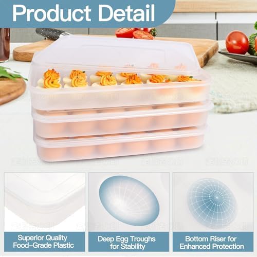 90 Deviled Egg Containers with Lid (Set 3),Plastic Easter Deviled Egg Tray Carrier with Handl Injector Piping Tool,Clear Storage Deviled Egg Platter Holder for Refrigerator Party Picnic Party Events