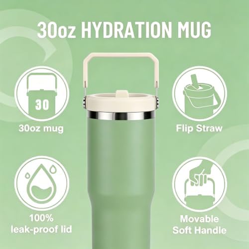 30oz Insulated Tumbler with Handle and Straw Cup,Greenwhite