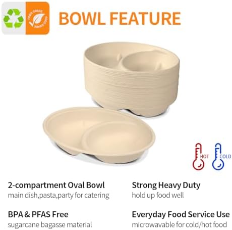 Celel 2 Compartment Oval Paper Bowls 100 Pack for Chip and Dip