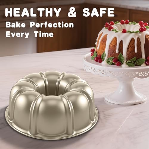 10 Inch Cake Pan, Nonstick Round Fluted Tube Cake Baking Pan, Buntz Pound Cake Mold,Tube Bakeware,Baking Mold for Jello/Gelatin/Chocoflan, Non Toxic, Easy Clean - Gold