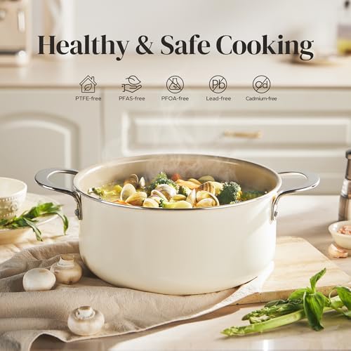 Redchef Ceramic Stock Pot with Lid, Soup Pot for All Stoves, 5 Qt Induction Cooking Pot for Soup Nonstick, Even Heating, Stay-Cool Handles, Oven/Dishwasher Safe, PTFE PFAS Free (Beige)
