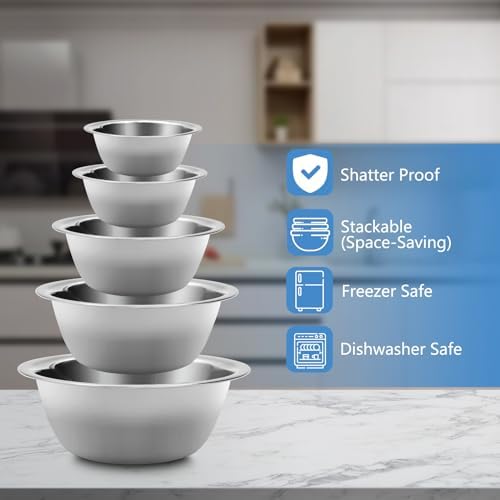 Mixing Bowl Set of 5, Stainless Steel Mixing Bowls, Nesting Whisking Bowl Set for Cooking, Baking, Serving, Food/Salad Prep