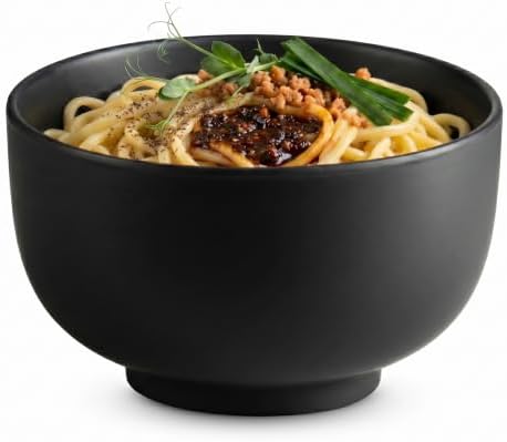 KooK Ceramic Japanese Noodle Bowl Set, Large Capacity, For Ramen, Udon, Soba, Pho and Soup, Microwave and Dishwasher Safe, 34 oz, Matte Black, Set of 4