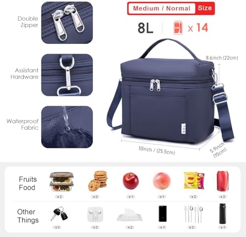 NOL 8L Insulated Lunch Bags for Women Cooler Bag Lightweight Nylon Waterproof Lunch Box For Work (Navy blue, Medium(normal))