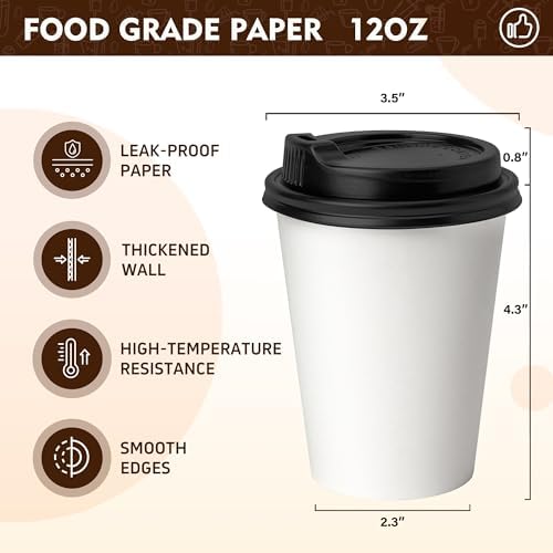 YEEHAW 12 oz 100 Pack White Disposable Coffee Cups with Lids