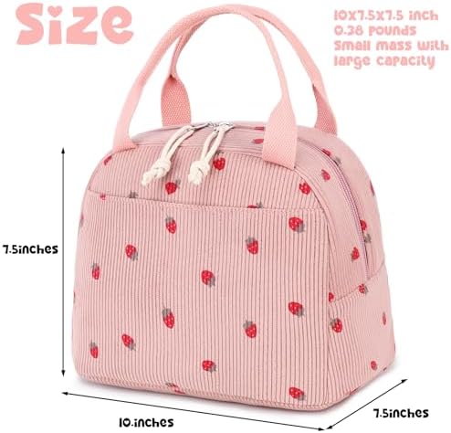 Bluboon Lunch Bag for Women Men Cute Corduroy Lunch Tote Bags Reusable Insulated Lunch Box Large Capacity Reusable Insulated Cooler for Work Picnic or Travel (Corduroy strawberry pink)