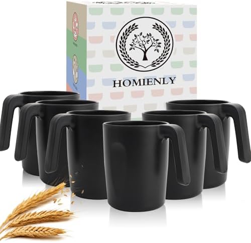 Homienly Unbreakable Coffee Mug Set - 6 Wheat Straw Reusable Cups | Dishwasher Safe Drinking Glasses | Alternative to Plastic Mugs & Glass Cups 16 oz for Camping, Kitchen (Black)