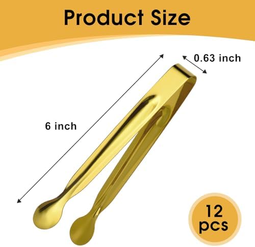 Mini Serving Tongs Set, 12 Gold Stainless Steel Tongs, 6.3 in for Sugar Cubes, Ice, Candy, Charcuterie, Coffee Bar