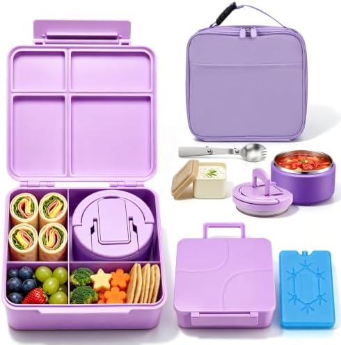 Bento Lunch Box with 8oz Soup Thermo,Kids Leakproof 4 Compartment Lunch Food Containers with Sauce Cup and Ice Pack,Kids Thermo Insulated Hot Food Jar and Lunch Bag for School,Trvael-Purple