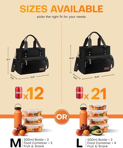 HOTOR Lunch Box Women Insulated Tote Bag Multiple Pockets Black