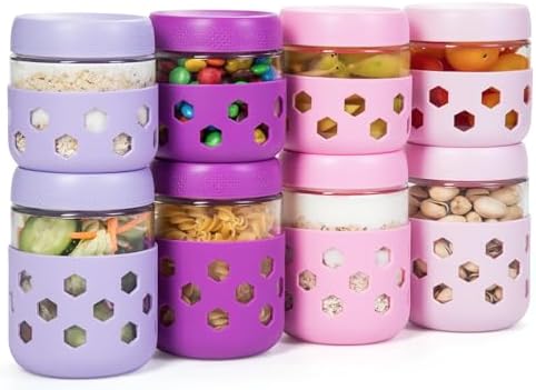 Gemice 8-Pack Overnight Oats Containers with Lids and Colorful Sleeves, 16 oz & 10 oz Airtight Glass Chia Pudding Mason Jars, Dishwasher Safe, Wide Mouth Meal Prep Jar for Yogurt Oatmeal