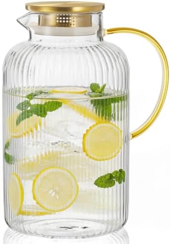 Bivvclaz 3 Liter 101 oz Stripes Gold Glass Pitcher with Lid and Handle