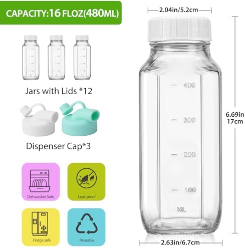 CUCUMI 12 Pack 16 Oz Glass Milk Bottles with Lids