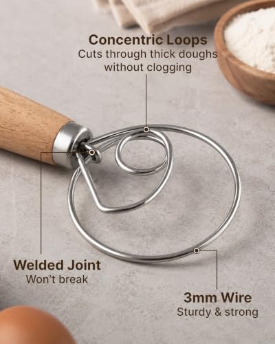 Zulay Kitchen 13-Inch Danish Dough Whisk - Stainless Steel Wooden Whisk with Dough Hook - Sourdough Whisk for Bread, Pizza, Pastry, Cake Batter & More - Wood