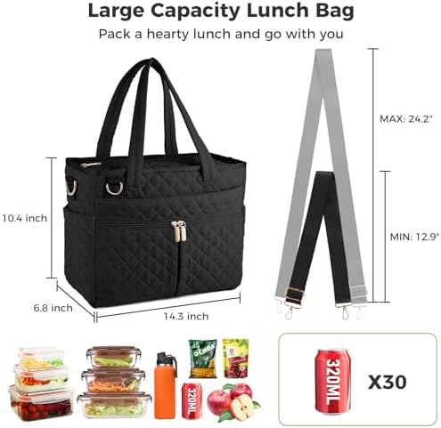Large Lunch Box for Women, Insulated Lunch Bag for Work, Black