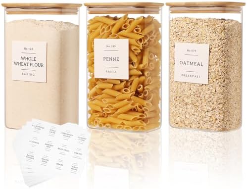 3 Pack Square Glass Pantry Storage Containers with 132 Kitchen Food Pantry Labels - 51 floz Clear Glass Pantry Jars with Airtight Wood Bamboo Lids - Glass Canisters for Candy, Cereal, Coffee, Spice