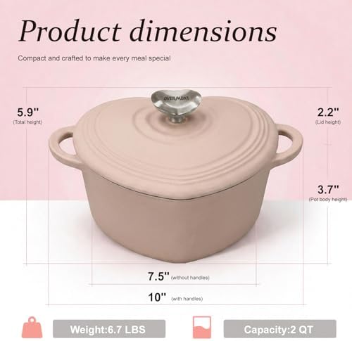 Overmont Enameled Cast Iron Dutch Oven - 2QT Pink Heart-Shaped Mini Pot