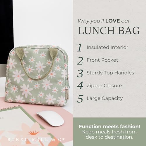 Steel Mill & Co. Insulated Lunch Tote Bag for Women, Daisy Floral Green